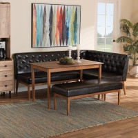 Baxton Studio BBT8051.13-Dark BrownWalnut-4PC Dining Nook Set Baxton Studio Riordan Mid-Century Modern Dark Brown Faux Leather Upholstered and Walnut Brown Finished Wood 4-Piece Dining Nook Set